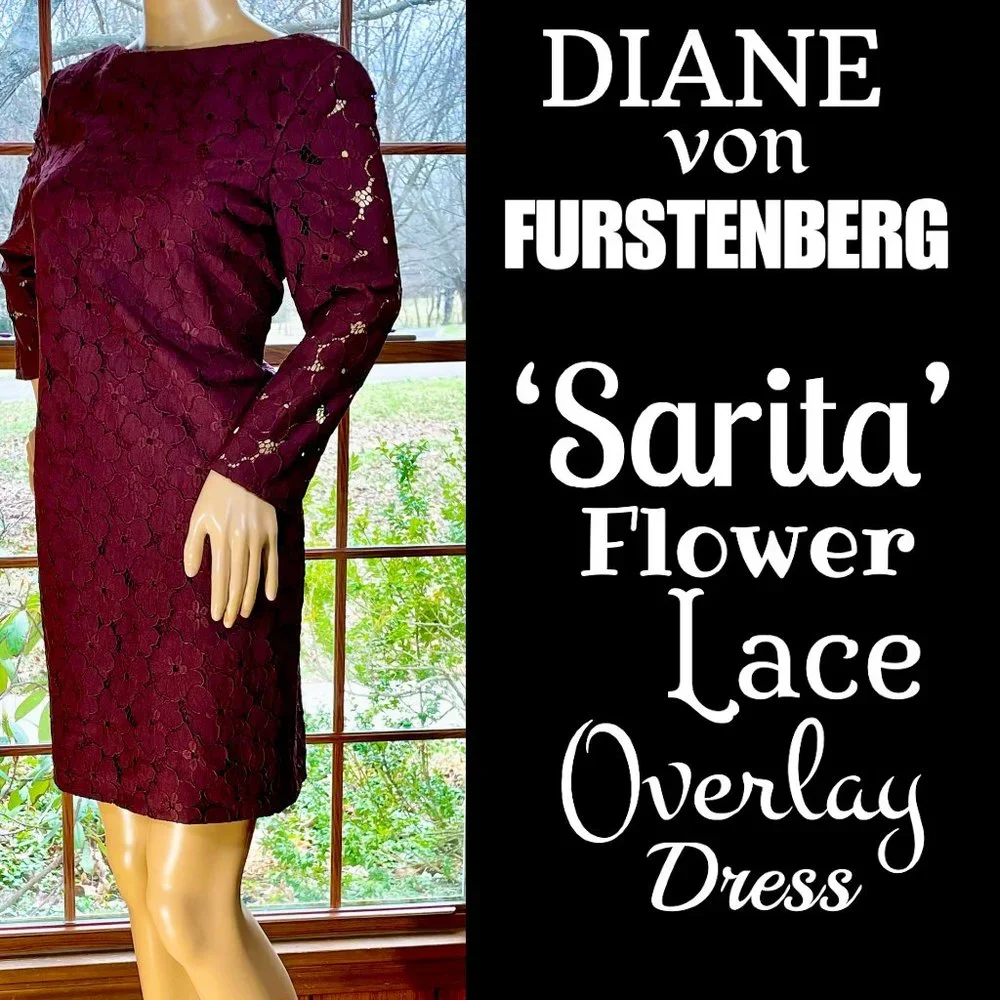 ▪️DIANE von FURSTENBERG▪️Burgundy 'Sarita' Poppy Flower Lace Overlay Dress - Picture 1 of 6